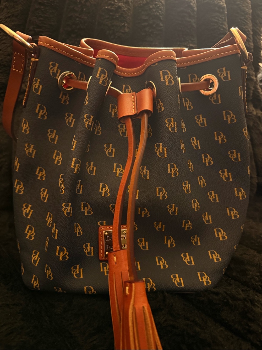 Dooney & Bourke Navy with Tan Leather DB Monogram Bucket Bag